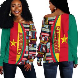 Cameroon Flag and Kente Pattern Special Women's Off Shoulder Sweaters, African Women Off Shoulder For Women