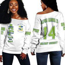 alpha gamma xi (white) off shoulder sweaters, african women off shoulder for women