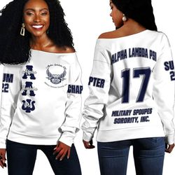 alpha lambda psi spouses (white) off shoulder sweaters, african women off shoulder for women