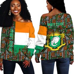 ivory coast kente pattern off shoulder sweater, african women off shoulder for women