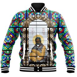 saint benedict of the african on stained glass baseball jackets, african baseball jacket for men women