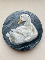 duck on the water painting original oil painting round wall art 6 inch