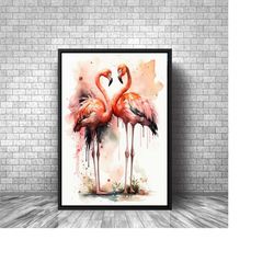 two flamingos watercolor canvas art, home wall art, two flamingos watercolor canvas art