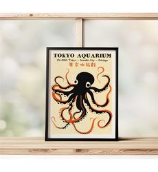 tokyo aquarium poster | octopus linocut minimalist poster,