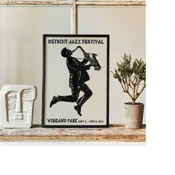 detroit jazz festival poster - black and white large wall art prints, home decor, sax music poster, musician gift, maile