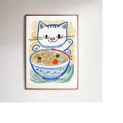 ramen noodles cat poster | cute foodie illustration | kitchen gift ideas | japanese artwork | cute aesthetics | quirky w