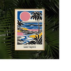 saint-tropez poster, france travel print, travel wall art, sunshine print, landscape poster, tropical beach illustration