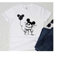 baby yoda with a mickey mouse balloon disney t-shirt