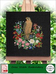 Vintage cross stitch pattern Falcon and flowers