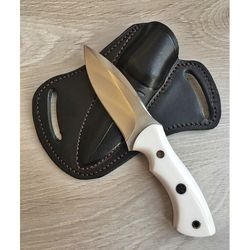 hunting knife 1075 carbon steel and white corian handle -blacksmith made camping knife - bushcraft knife - survival knif
