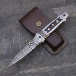 custom handmade damascus steel folding pocket knife with sheath , buffalo horn handle , best knife , handmade knife