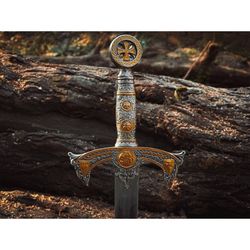 handmade templar knights sacred holy longsword ornate full length steel sword| medieval sword with leather sheath| cerem