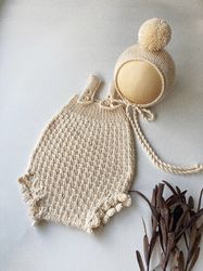 knitted romper and bonnet with pompon. Knitted Newborn photo props