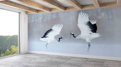 custom wall paper,modern wall paper,dancing cranes wall painting,bright wall paper,dancing cranes,bird couple mural,