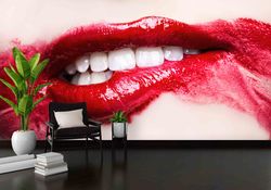 custom wall paper,wall paper peel and stick,paper wall artbedroom wallpaper,red lip wall mural,biting lips wall art,