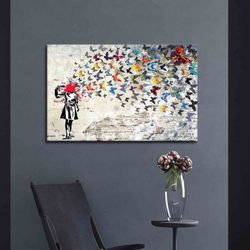 canvas wall art, living room wall art, canvas art, painting art canvas, banksy girl art canvas, banksy butterfly printed