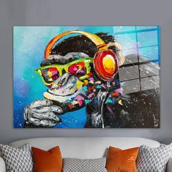 dj monkey wall art, abstract monkey art decor, animal wall art, colorful monkey wall art, tempered glass, glass art wall