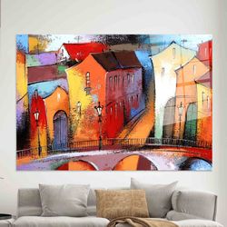 city wall decor, abstract city wall art, colorful city painting wall art, office wall decor, gift for her, framed glass