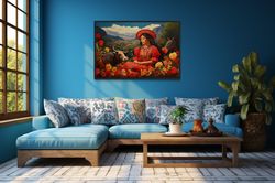 mexican wall art traditional painting of mexican woman in the field with cow and flowers canvas print, framed ready to h