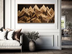 wood mountain painting canvas print, wood wall art effect  cabin wall decor, rustic farmhouse wall art framed ready to h