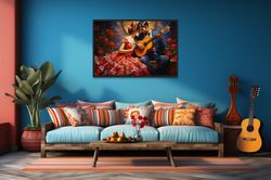 mexican wall art, romantic wall decor couple with guitar colorful traditional mexican painting canvas print, music art f