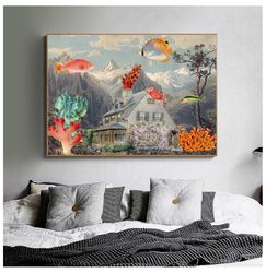 underwater house print, extra large landscape print, unique collage art, surrealism print, large wall prints