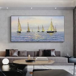 large sailing oil painting on canvas original abstract sailboat on blue ocean impasto acrylic nautical seascape painting