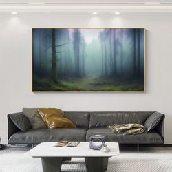 abstract green forest oil painting on canvas, misty woodland art, original tree landscape painting, large wall art, livi