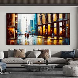 abstract urban rain landscape oil painting on canvas, original wall decor, cityscape painting, boho large wall art, livi