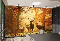 patterns and how to, wall decoration, bright wall paper, gift for him, deer in forest painting mural, forest landscape w
