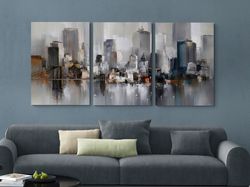 metropolitan hues triptych,abstract cityscape, urban art, triptych canvas, modern decor, wall art, soft palette, archite