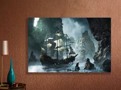 mystic cove galleon,ocean wall art, explorer decor, sailing art, misty landscape, coastal art, galleon painting, sea adv