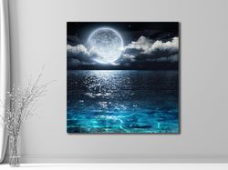 sea sparkle print on canvas,full moon landscape canvas wall art,moon wall decor,canvas art printing,living room decor,re