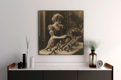 elegant girl with little dinosaurs illustration, retro little dinosaurs photography, vintage dinosaurs old photo, strang