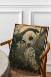 dinosaur kiss old photo, elegant lady and dinosaur poster, dark academia home decor, retro jurassic photo print, strange