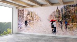 couple with red umbrella,modern wall paper,lovers wall art,paper wall artcustom wall paper,city landscape wall art,