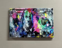 canvas print, canvas home decor, 3d wall art, benjamin franklin art, 100 dollar printed, colorful dollar art, office pri