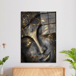 contemporary wall decor,wall decoration,glass wall art,custom glass printing wall art,buddha statue print,gray and gold