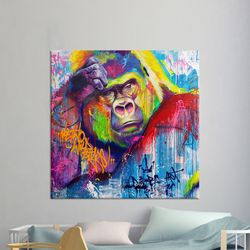 canvas print, canvas, large canvas, colorful wall art, old gorilla wall art, animal canvas poster, chimp wall decor, mod