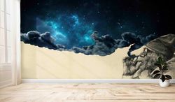 starry sky mural,modern wall paper,paper wall artwall paper peel and stick,abstract wallpaper,smoking out in space mural