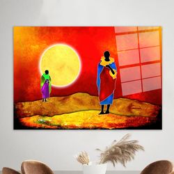 sun landscape wall art,personalized glass art,mural art,two african men,large glass wall art,african landscape glass art