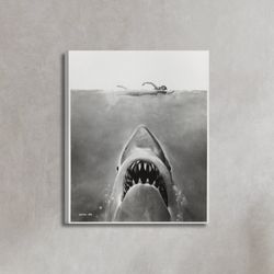 jaws movie poster black and white photo poster print canvas, (1975), vintage poster, advertising poster