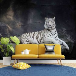 tiger wall paper, wallpaper by the yard, gift wallpaper, animal paper art, white tiger paper art, man cave wallpaper, wa