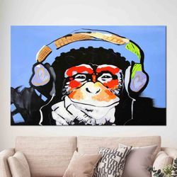 thinking monkey painting, music lover monkey art, animal painted art, tempered glass, canvas art, framed wall art, gifts