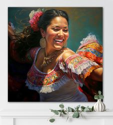 mexican woman dancing canvas wall art  vibrant hispanic art  mexico folk decor  latino art print  living room decor 1