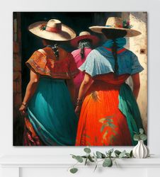 mexican women walking oil painting  canvas wall art  latino folk art  mexican home decor  hispanic wall art  gift for he