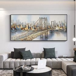 abstract new york city oil painting on canvas, large original brooklyn bridge skyline urban cityscape painting living ro