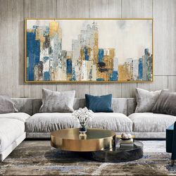 original cityscape oil painting on canvas, large abstract gold leaf city landscape acrylic painting, modern blue living