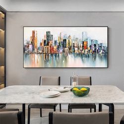 abstract cityscape oil painting, large original colorful urban city landscape oil painting on canvas, modern blue living