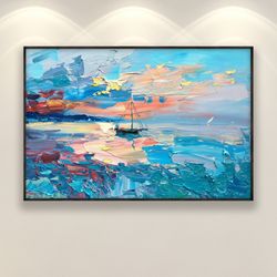 sunset painting on canvas, original painting, ocean painting, abstract art, sailboat art, seascape art, modern art, livi